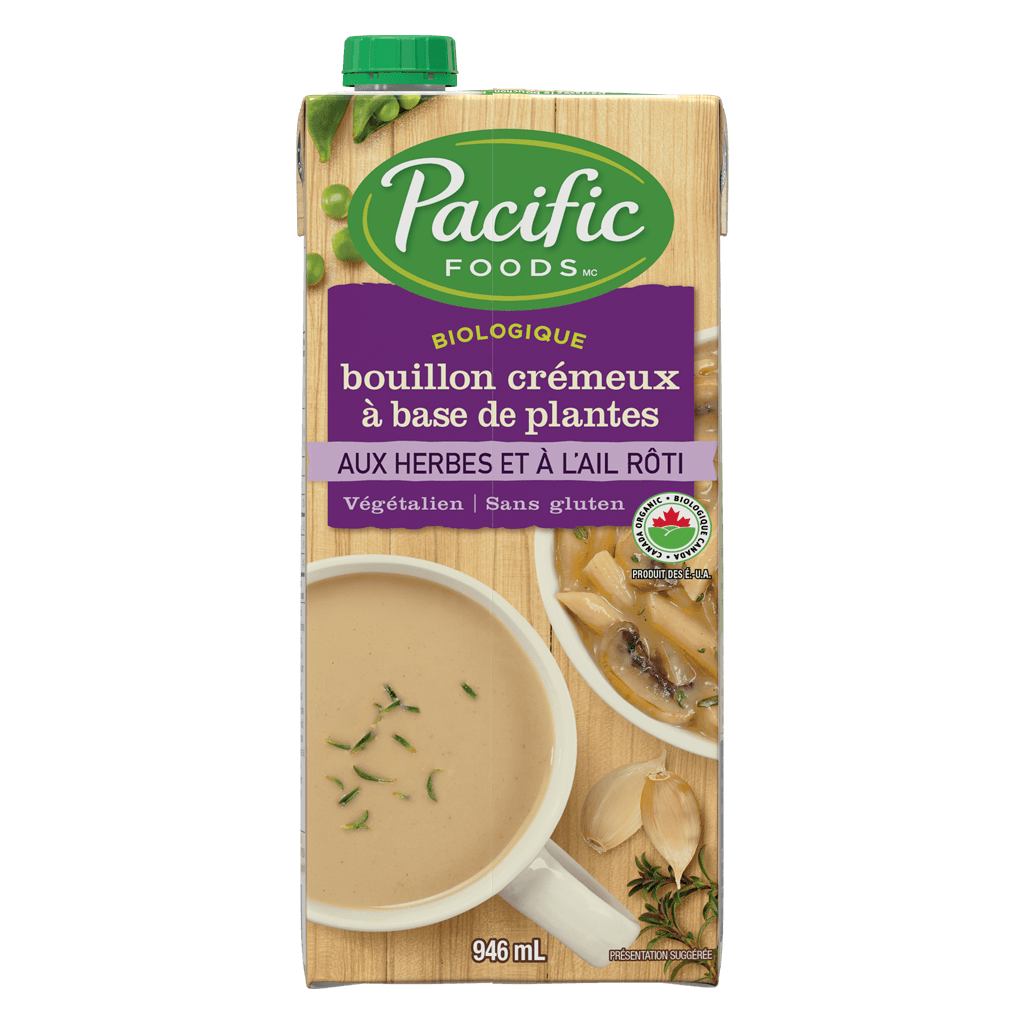 Bouillon crémeux biologique à base de plantes aux herbes et à l’ail rôti